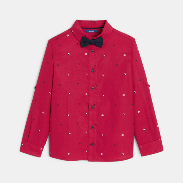 قميص منقوش مع ربطة عنق بابيون باللون الأحمر للأولاد